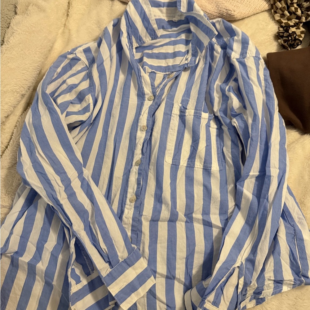 Women’s Blue and White Striped Button-Up Shirt